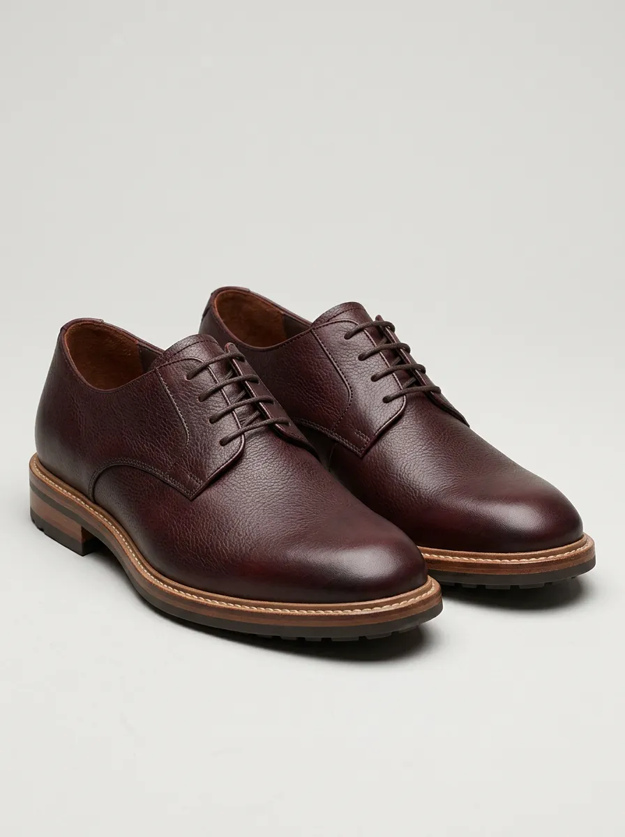 Men's Classic Business Burgundy Pebble Grain Leather Oxford Shoes