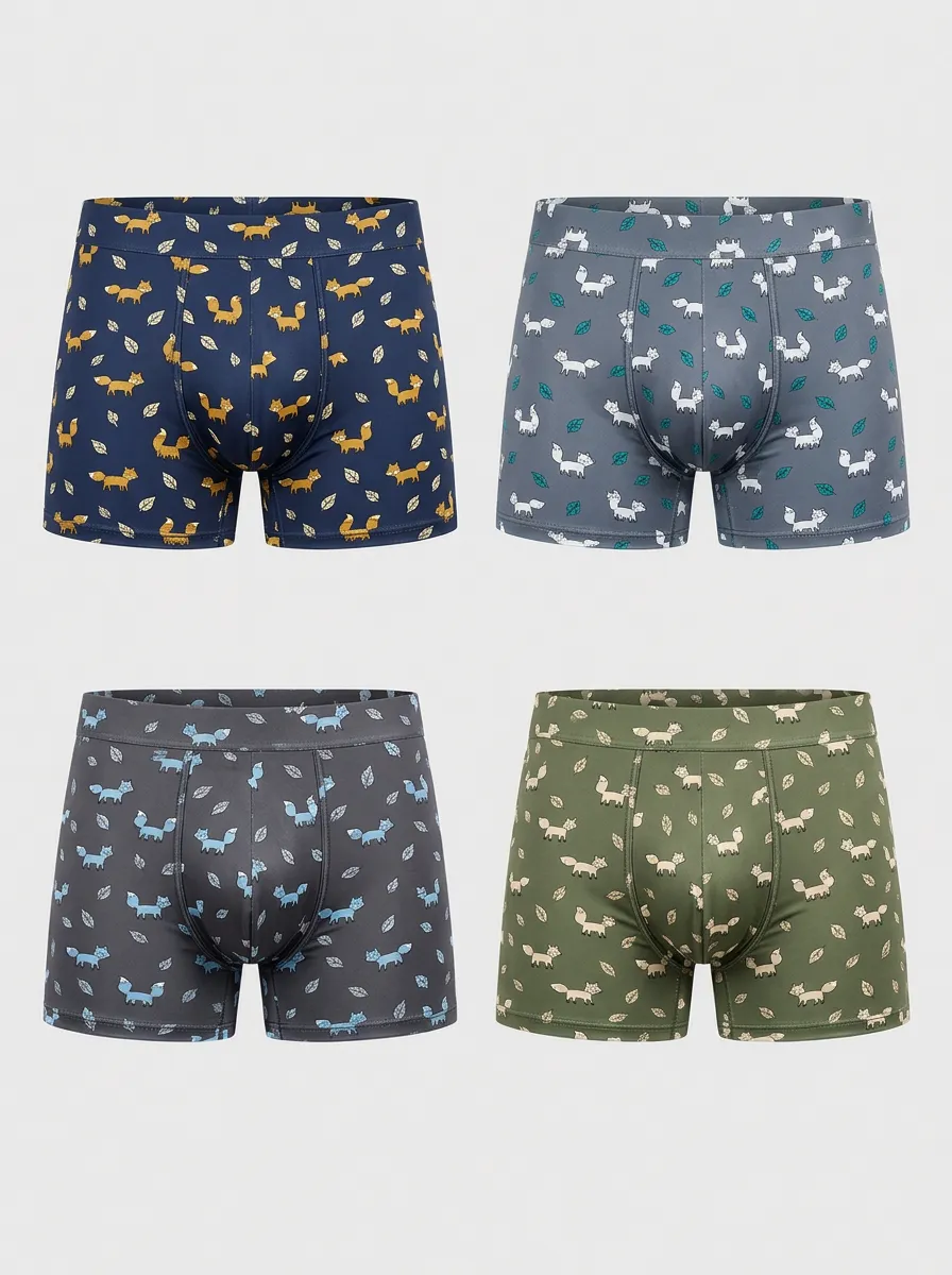 Men's Woodland Fox Animal Pattern Printed Boxer Briefs 4-Pack