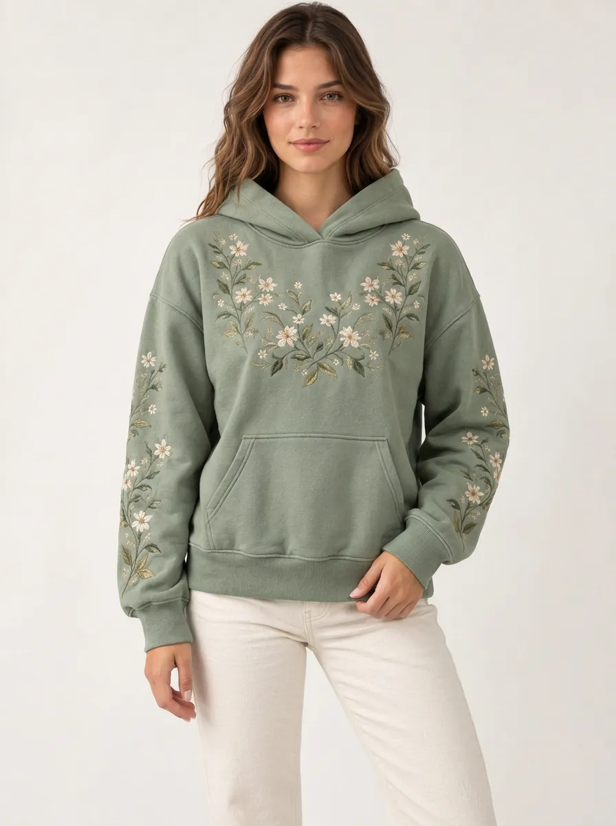 Women's Floral Embroidered Graphic Nature Inspired Versatile Layer Hoodie