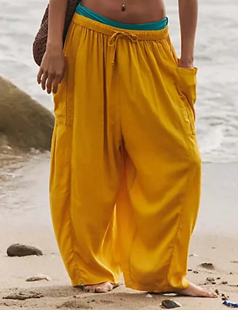 Elastic Waist String Tie Pocket Cozy Pants