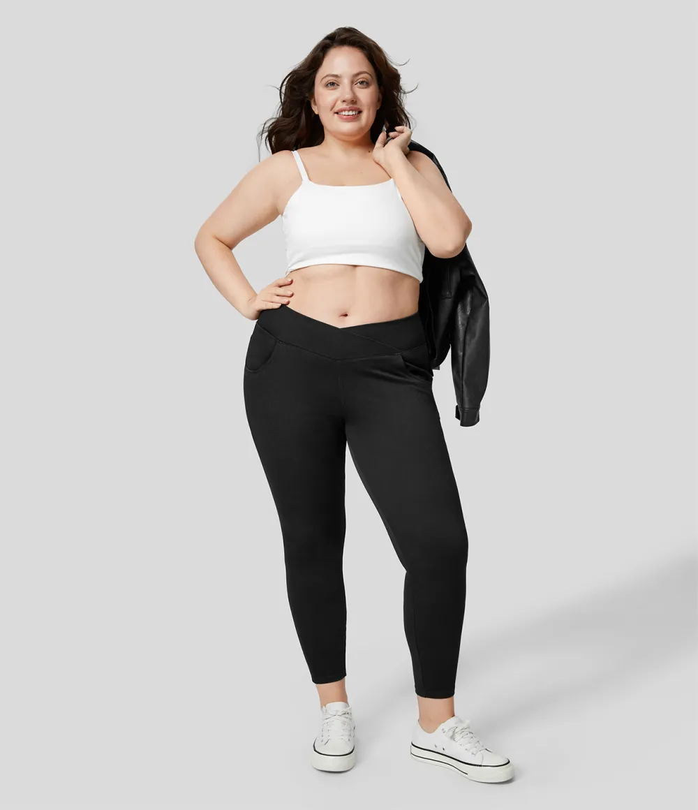 Magic High Waisted Crossover Multiple Pockets Stretchy Knit Denim 7/8 Plus Size Work Leggings