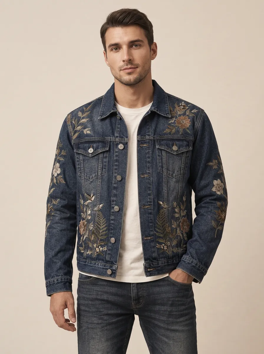 Men's Distinctive Floral Nature Inspired Denim Jacket