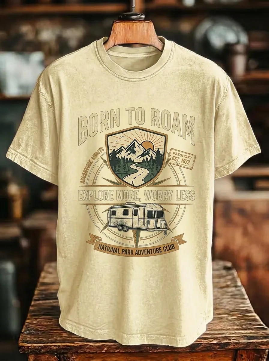 Unisex Camping Lover Born To Roam Mountain Camper Printed T-shirt