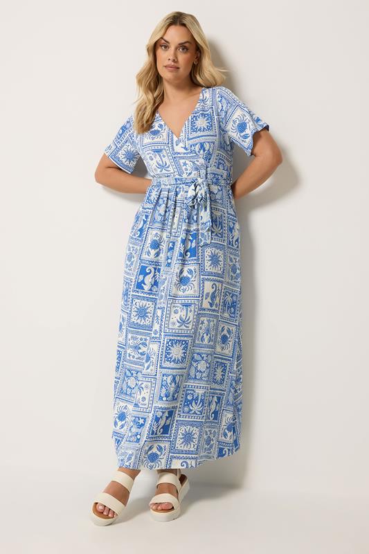 Blue Mixed Palm Tree Wrap Front Dress detail 1