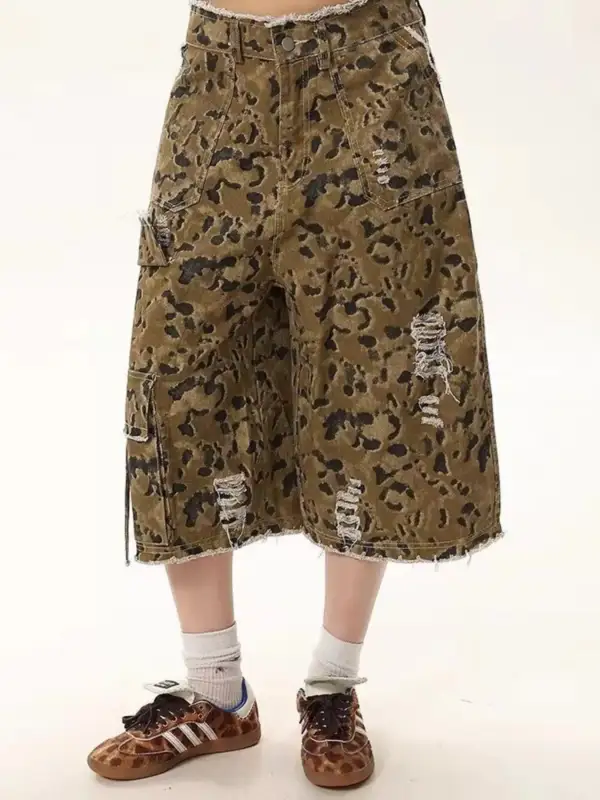 Full Size Distressed Camo Print Denim Shorts