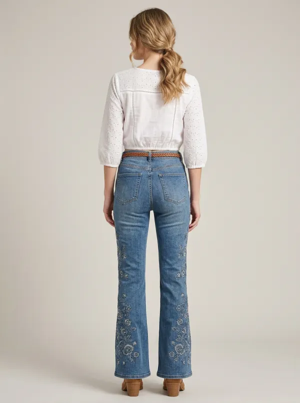 Women's Vintage Floral Embroidered High-Waisted Flare Jeans