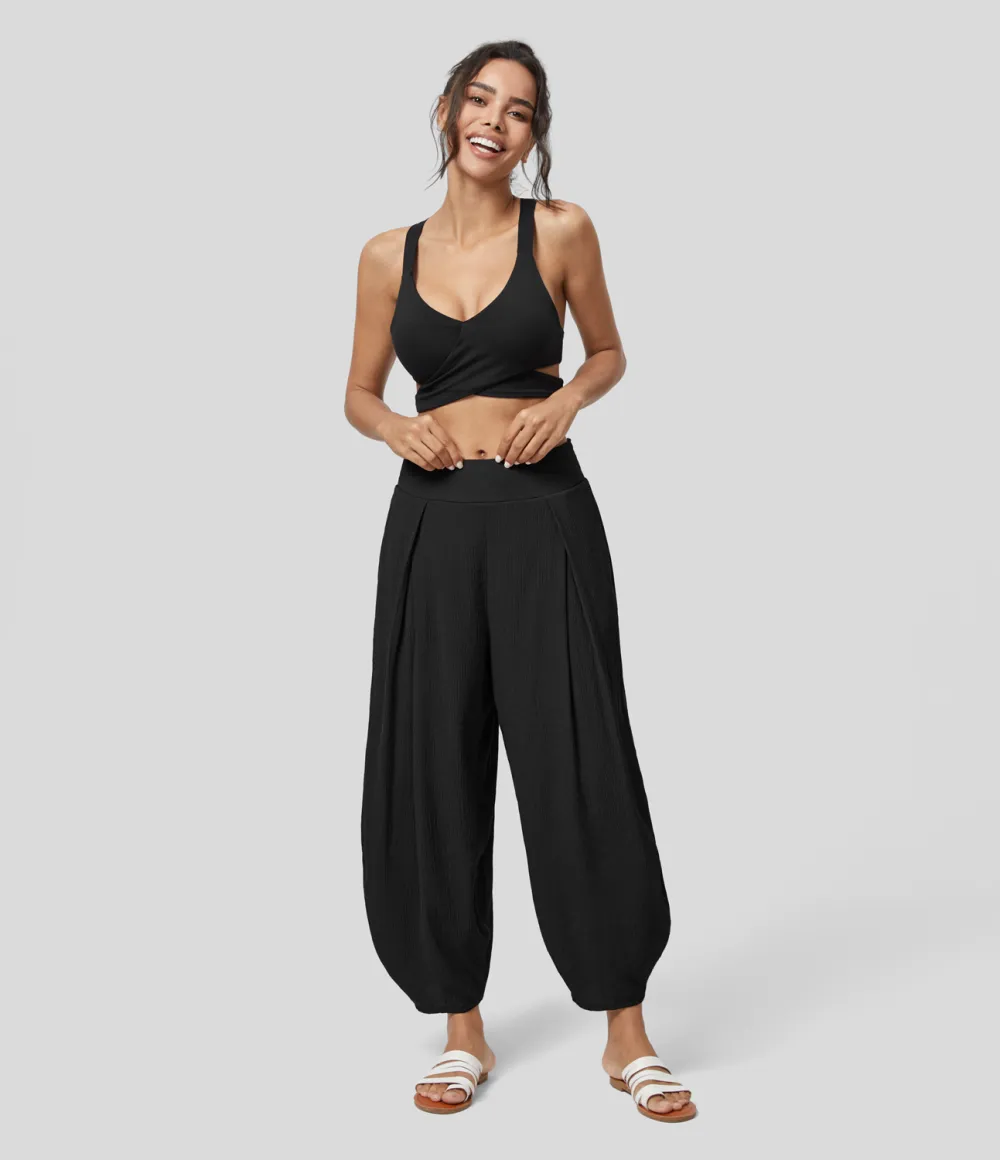 High Waisted Back Elastic Side Pocket Plicated Barrel Leg Casual Joggers