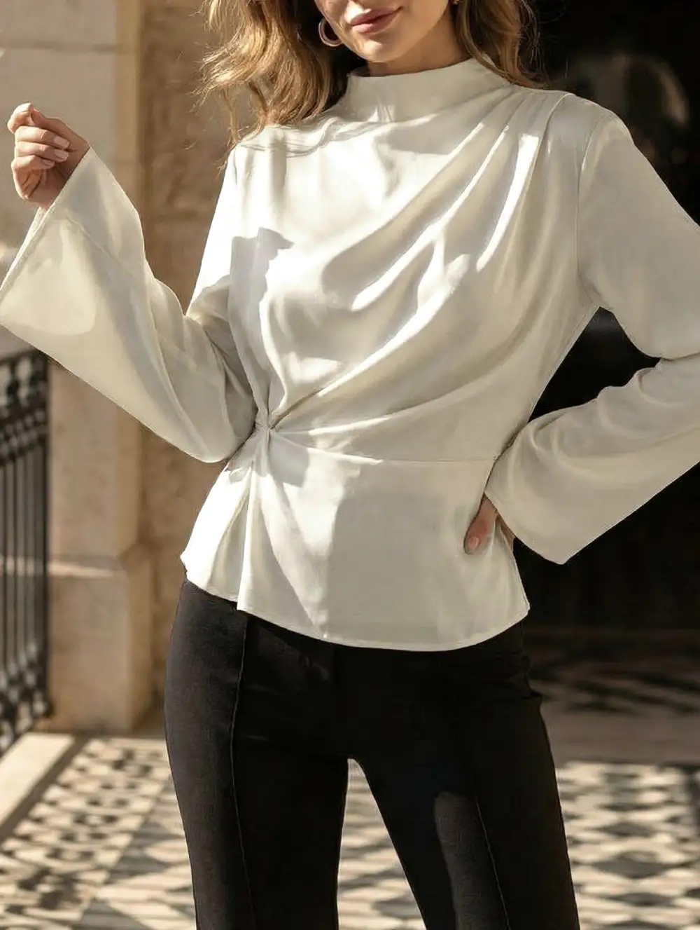 Waist Cinching Long Sleeve Slit Top