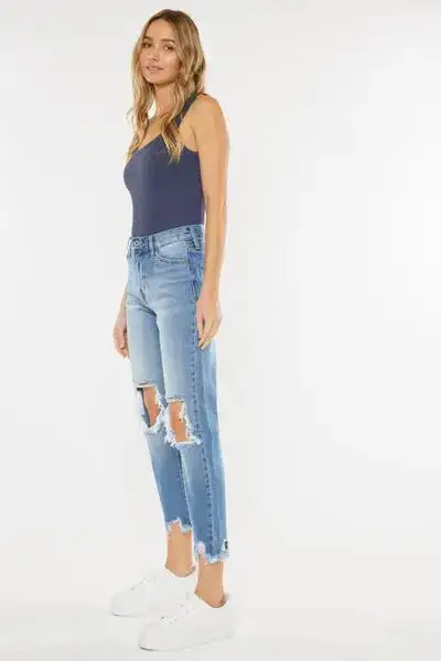 High Waist Chewed Up Straight Mom Denim Jeans