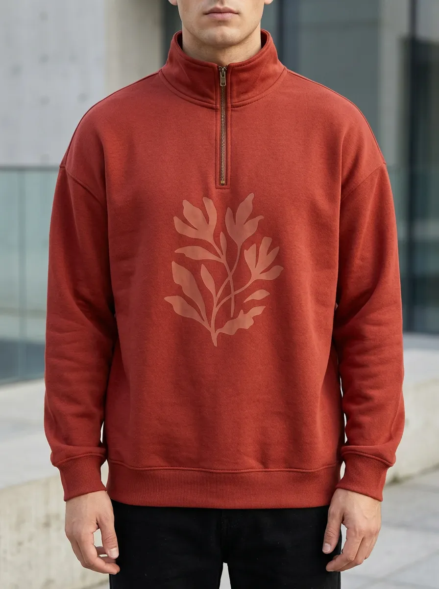 Casual Half-Zip Botanical Leaf-Pattern Men's Half-Zip Sweatshirt