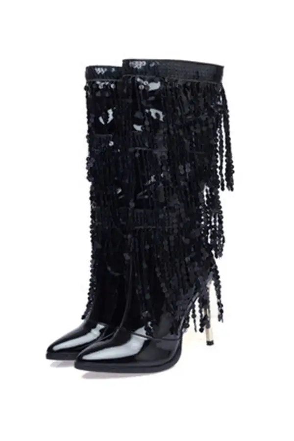 Tiered Sequined Tassel Patent Leather Boots