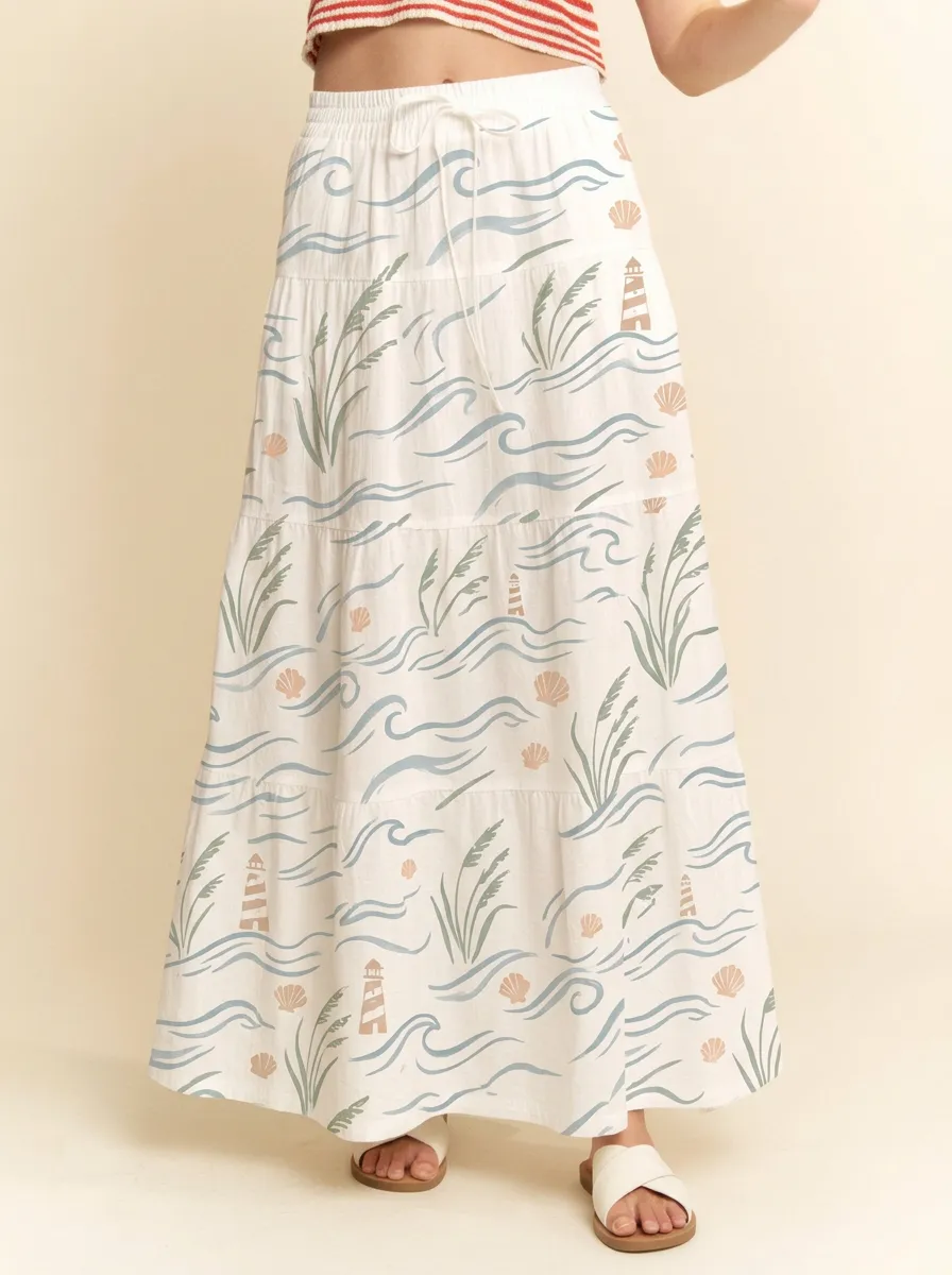 Women's Coastal Lighthouse Seashell Graphic Maxi Skirt