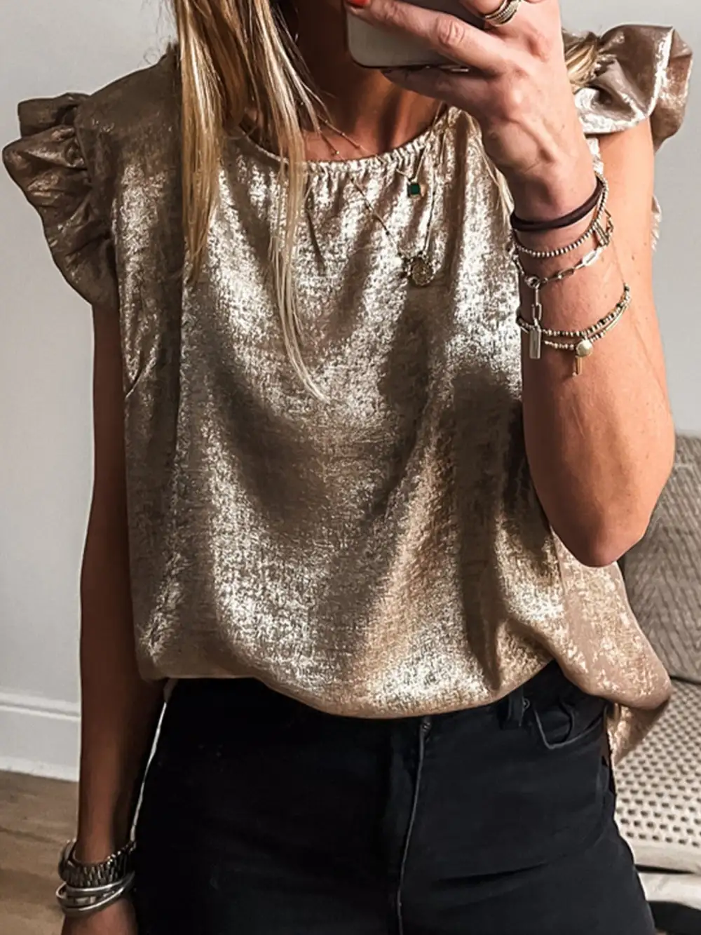 Refined Round-Neck Ruffled Tank Top