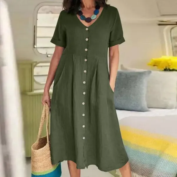 V-Neck Short Sleeve Linen Blend Midi Dress