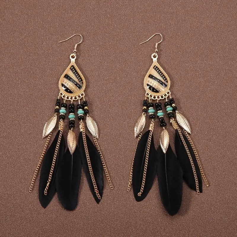 Feather Beaded Tassel Drop Earrings