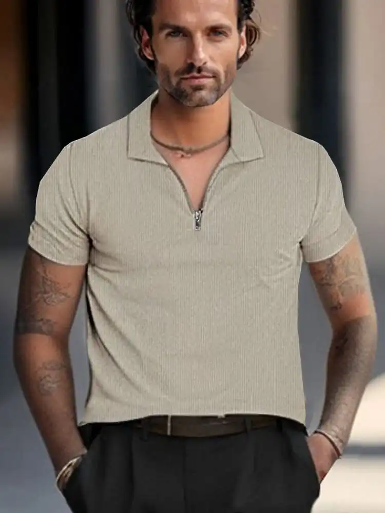 Ribbed Collar Corduroy Polo Shirt
