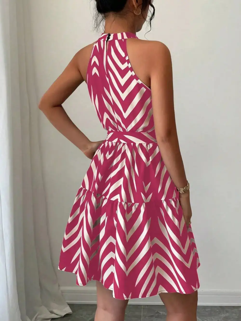 Printed Tie Waist Ruffle Dress Casual