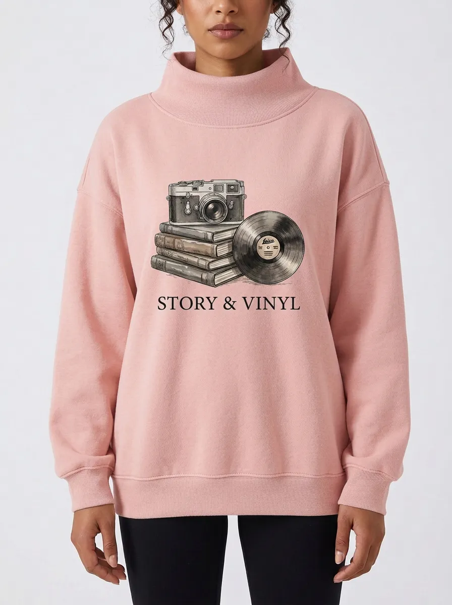 Women's Book Camera Vinyl Record Story Graphic Sweatshirt