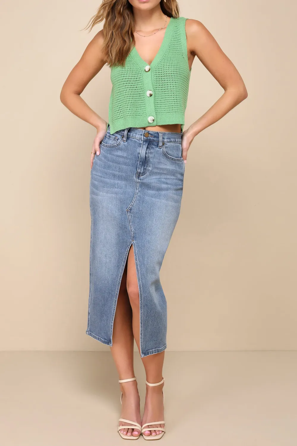 Knit Button-Front Cropped Tank Top