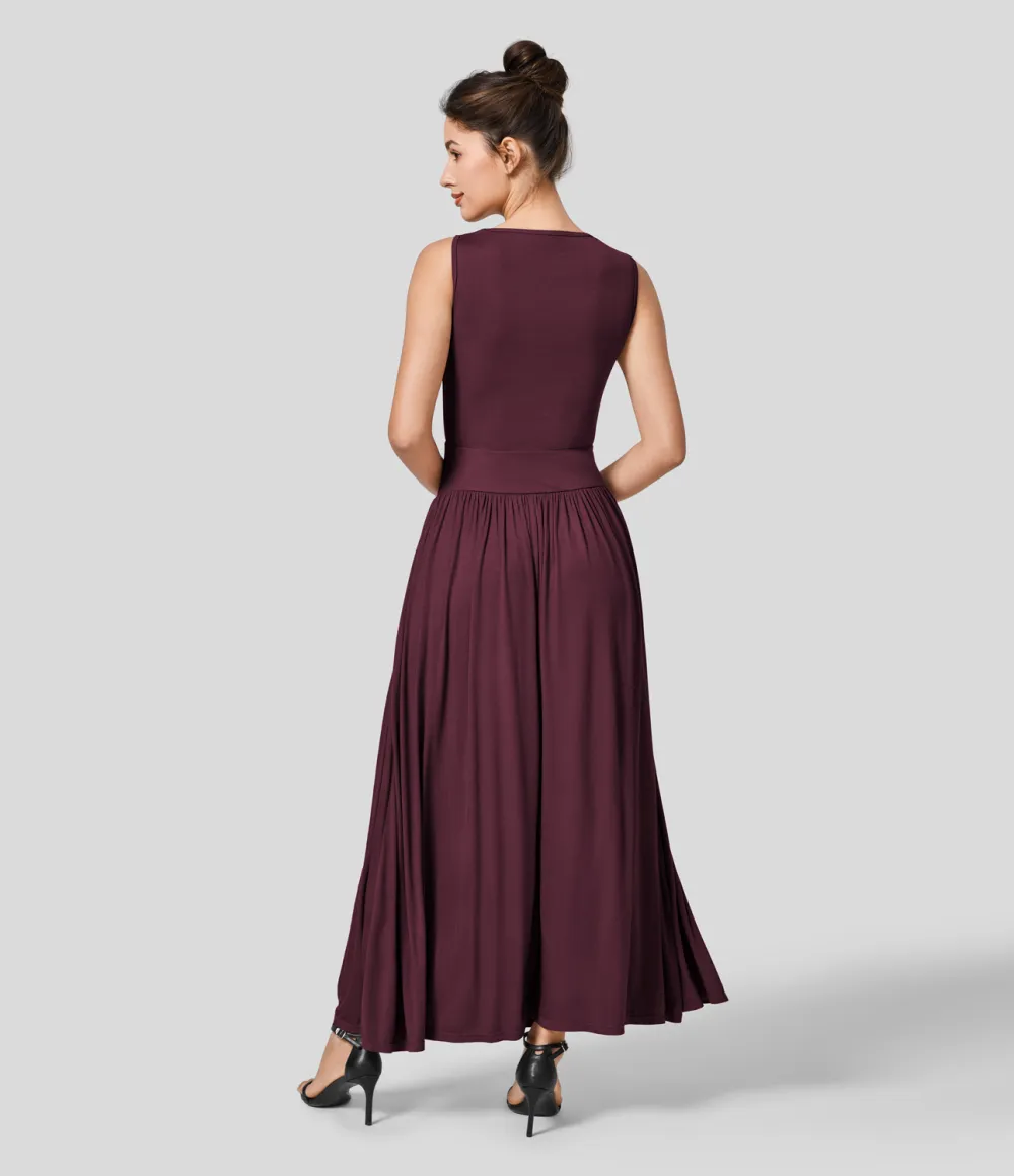Ribbed Boat Neck Ruched Side Pocket Flowy Maxi Casual Dress