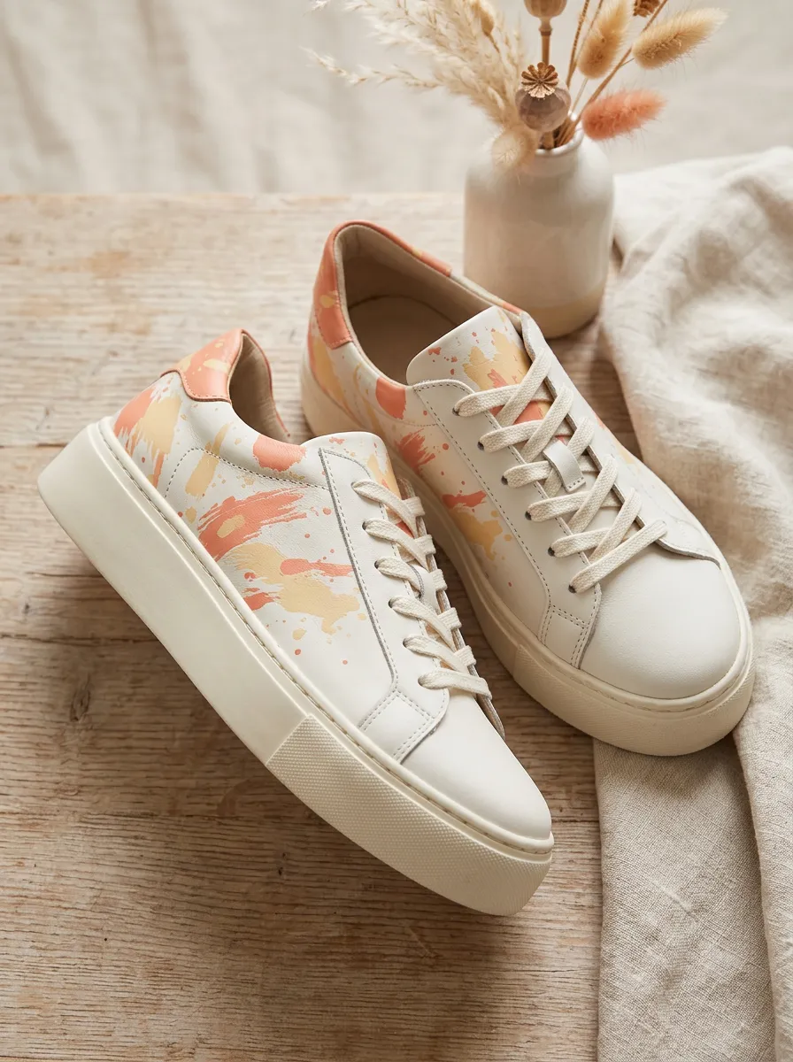 Women's Abstract Peach Paint Splatter Printed Sneakers