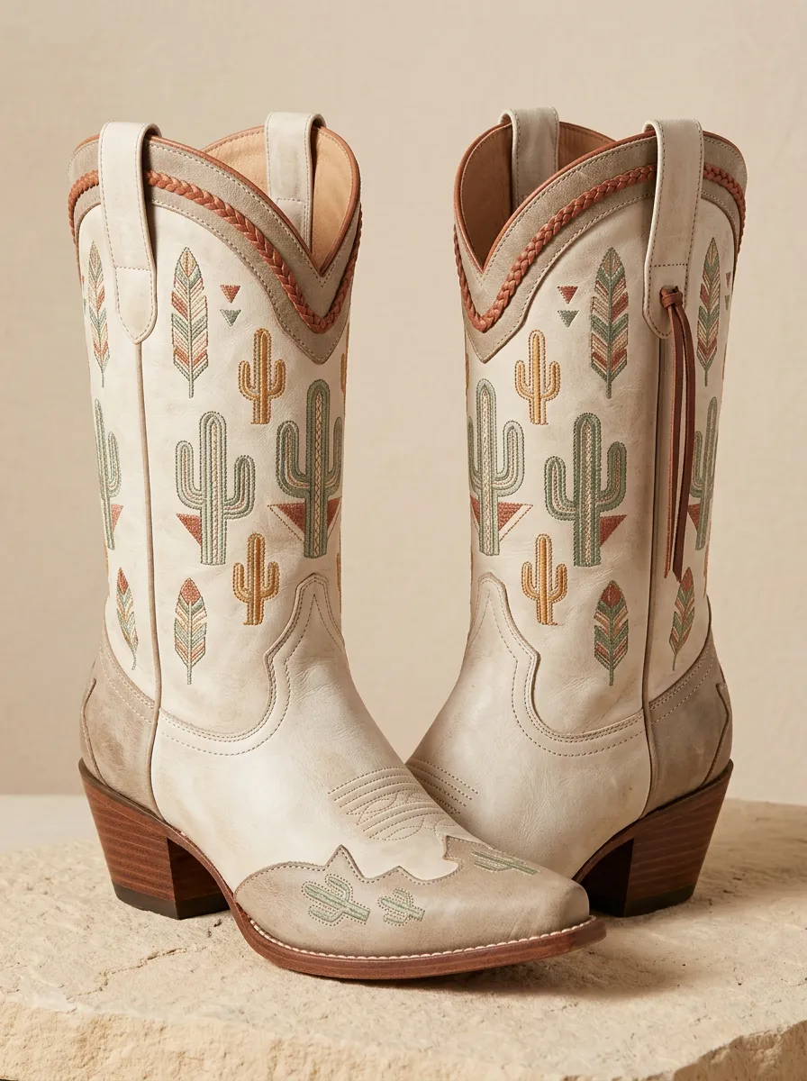 Ranch Cactus Desert Feather Trail Look Unisex Western Cowboy Boots
