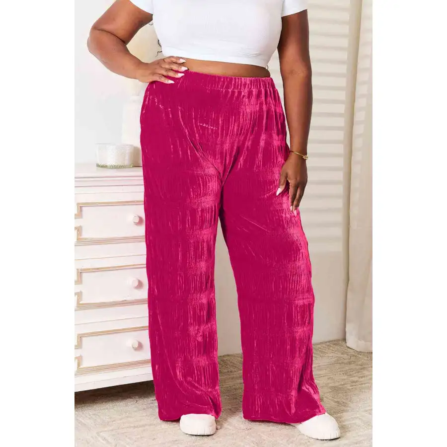 Full Size High Waist Tiered Shirring Velvet Wide Leg Pants