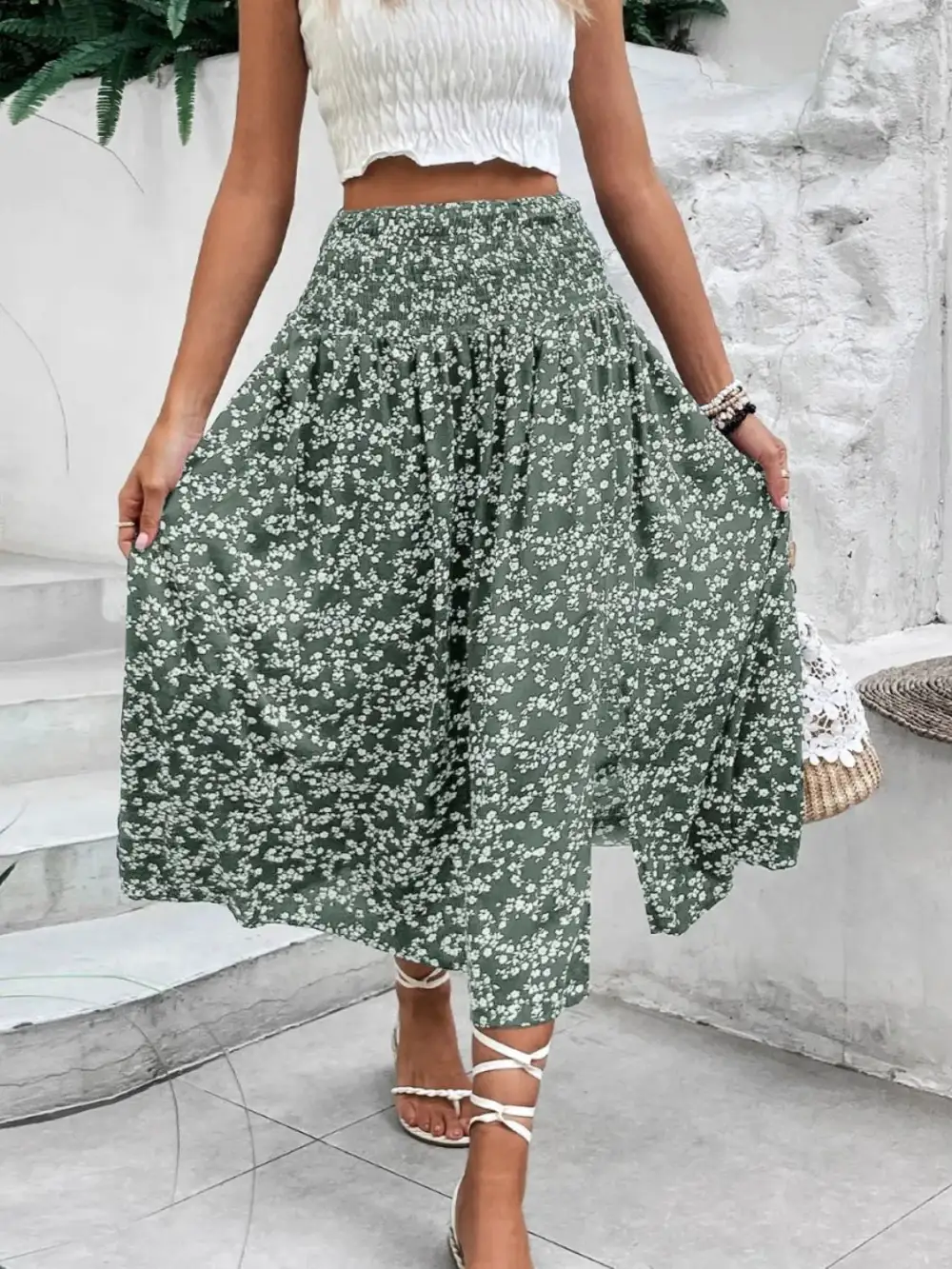 Relaxed Smocked Printed Skirt