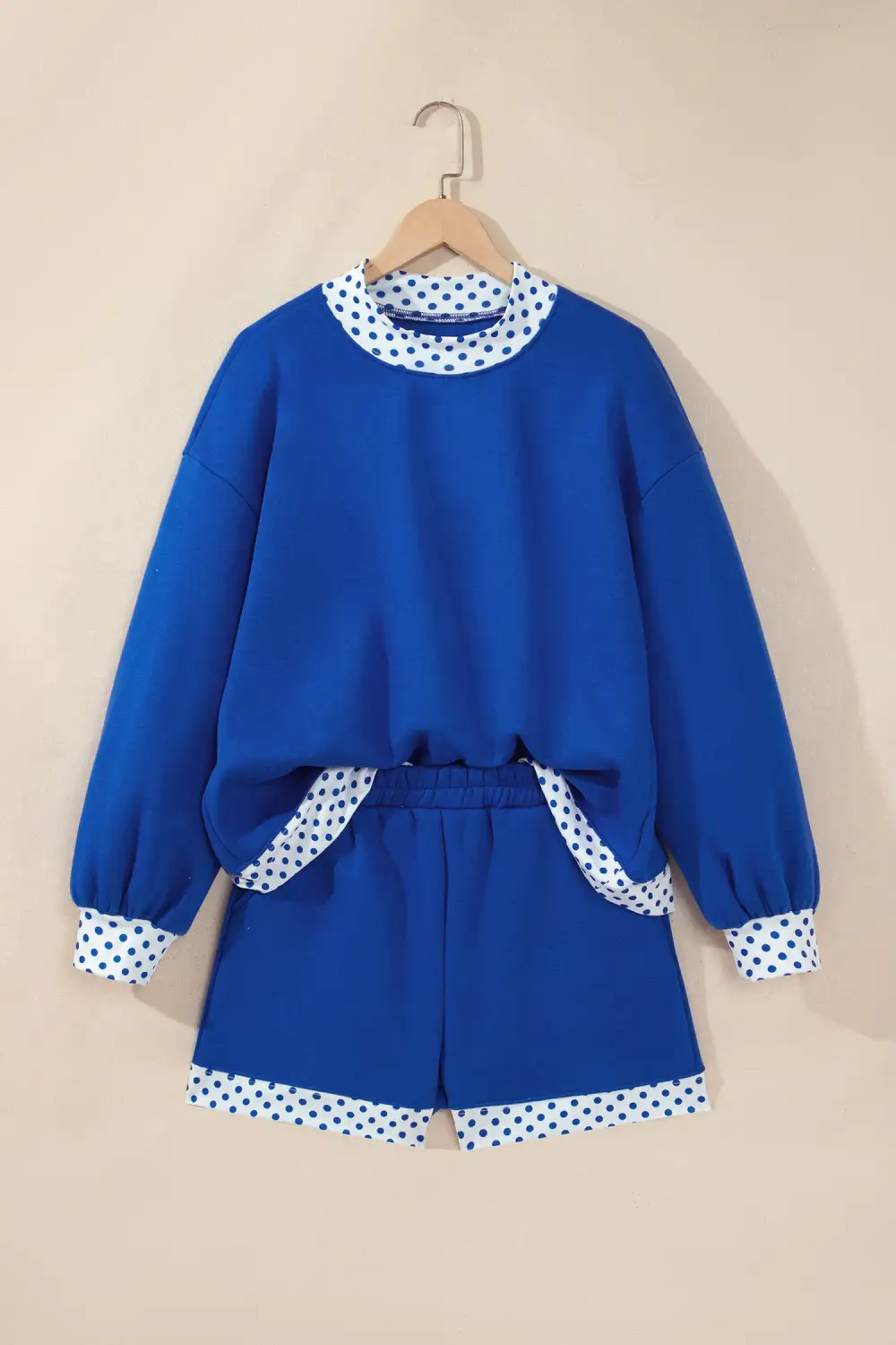 Women's Polka Dot Trim Baggy Pullover Two Piece Short Coordinated Set