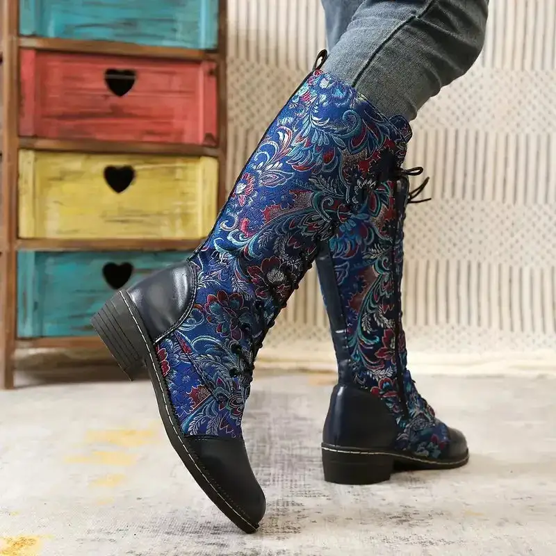 Embroidered Lace Up Knee High Boots