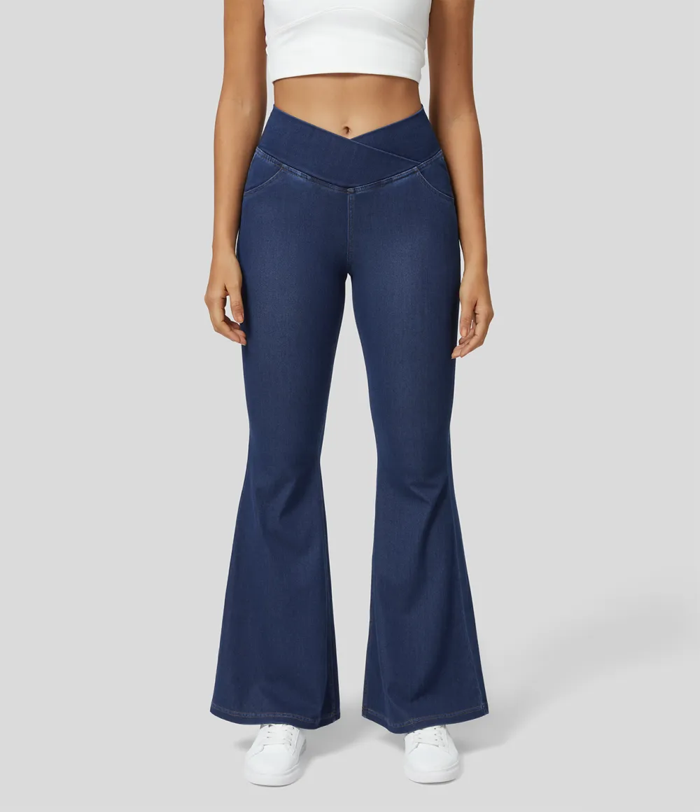 Magic High Waisted Crossover Pocket Cool Touch Washed Stretchy Knit Casual Super Flare Jeans