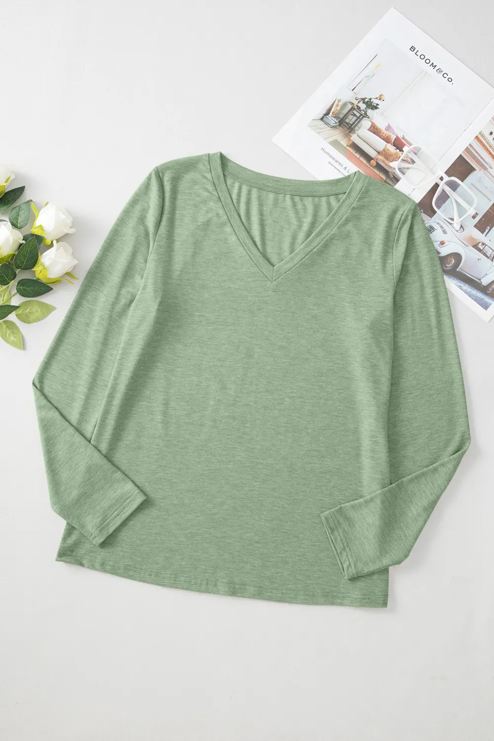 Grass Green V Neck Long Sleeve Top