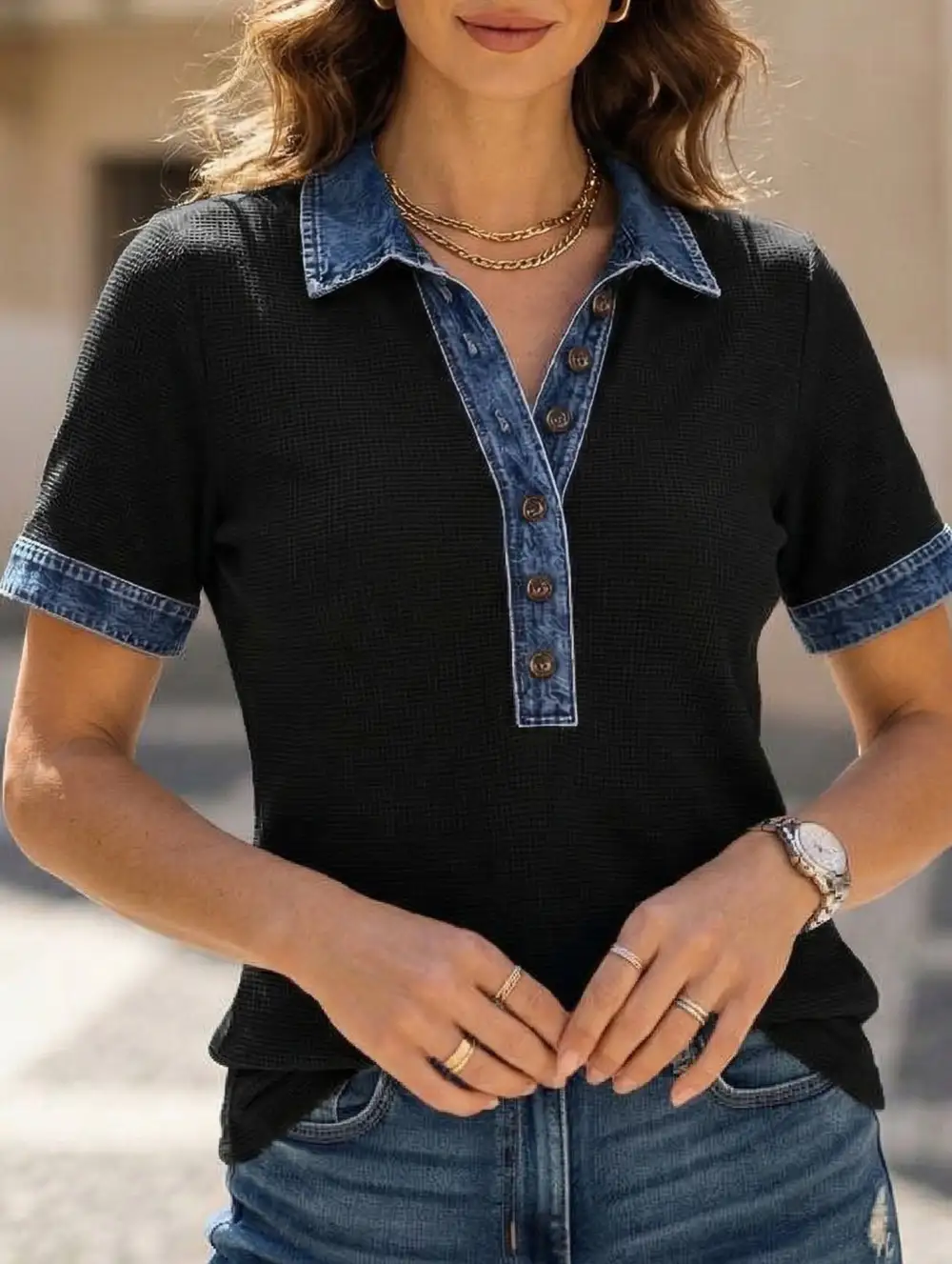 Denim Patch Knit Top