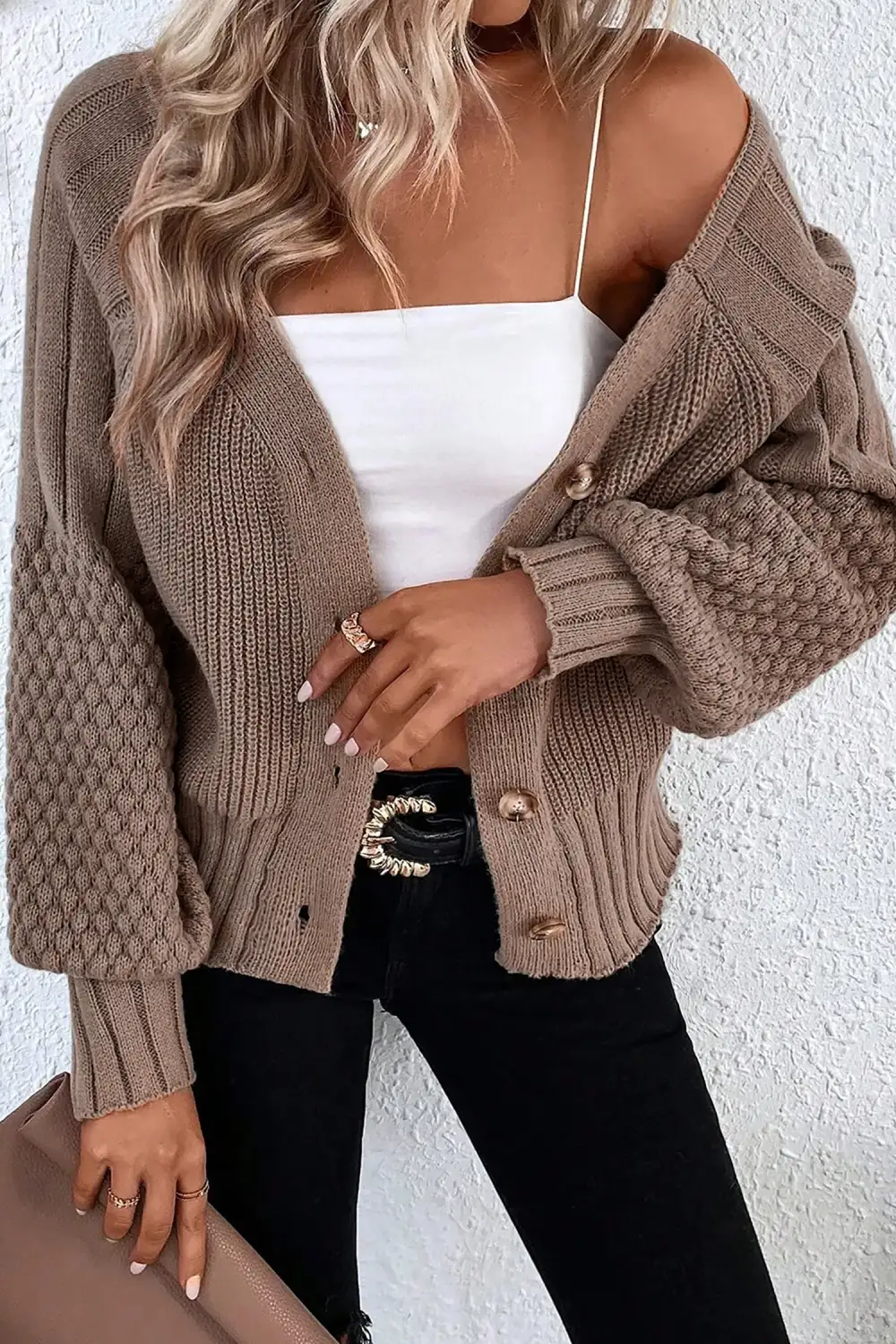 Mixed Texture Knit Button V Neck Button Front Cardigan