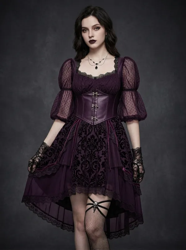 Women's Gothic Victorian Damask Corset Lace Printed Mini Dress