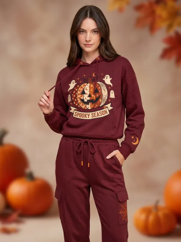 Women's Halloween Spooky Season Pumpkin Ghost Printed Jogger Set