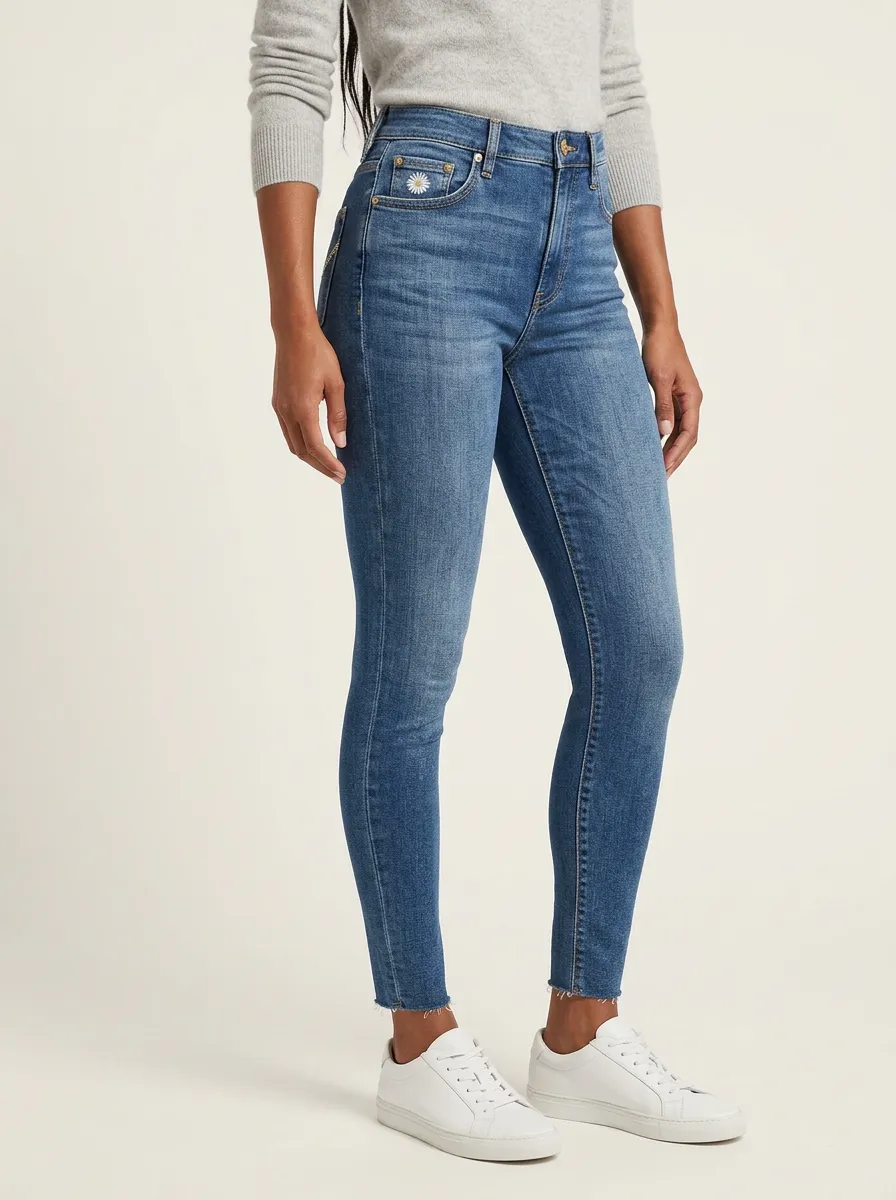 Women's Daisy Flower Embroidered High-Rise Slim-Fit Jeans