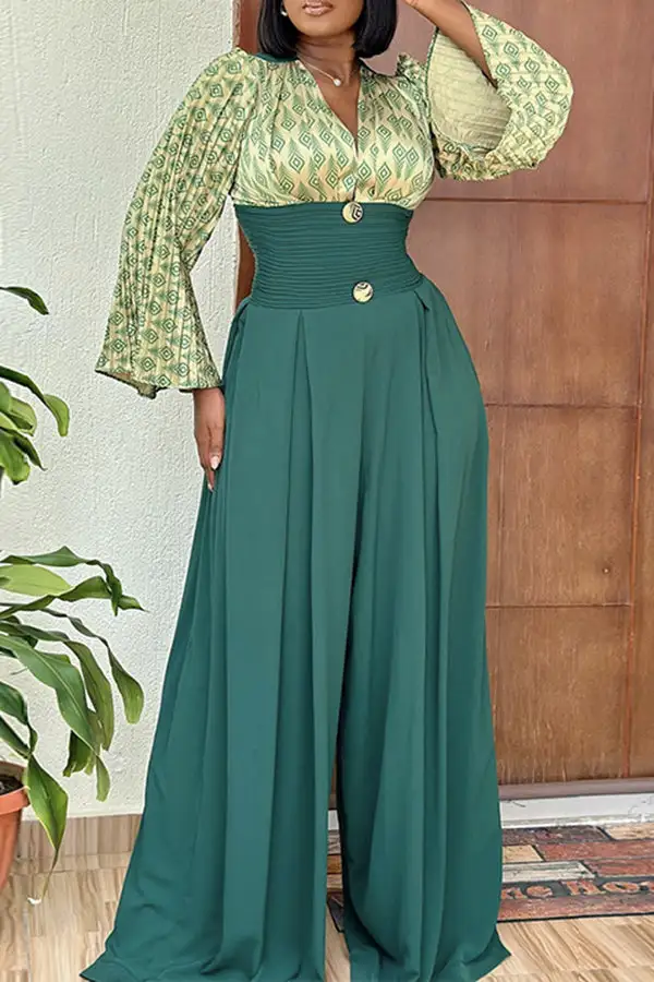 Geometric Print Wide-Leg Bell Sleeve Jumpsuit