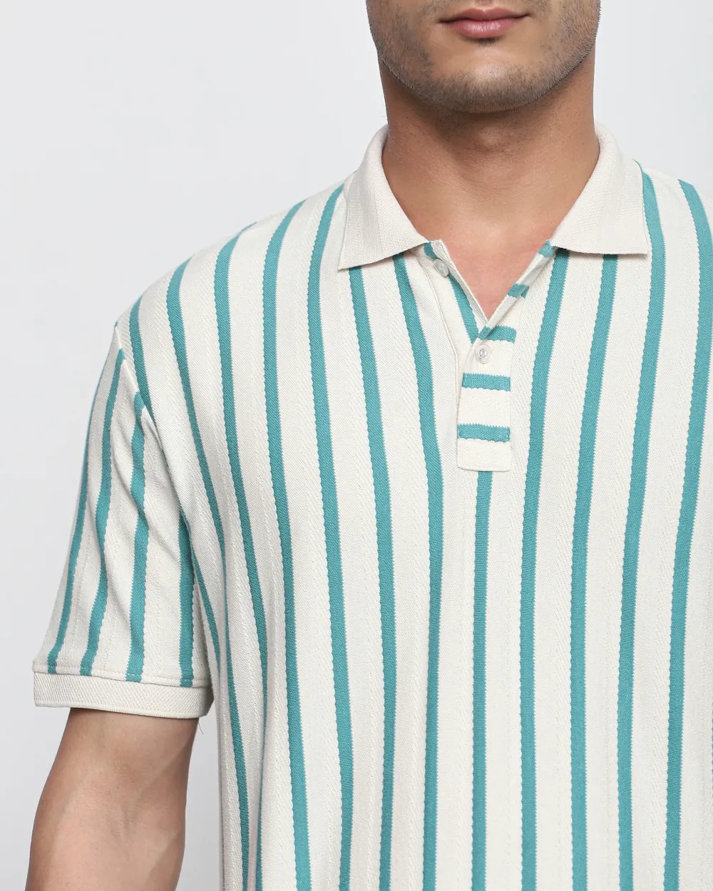 Teal Striped Textured Polo Shirt