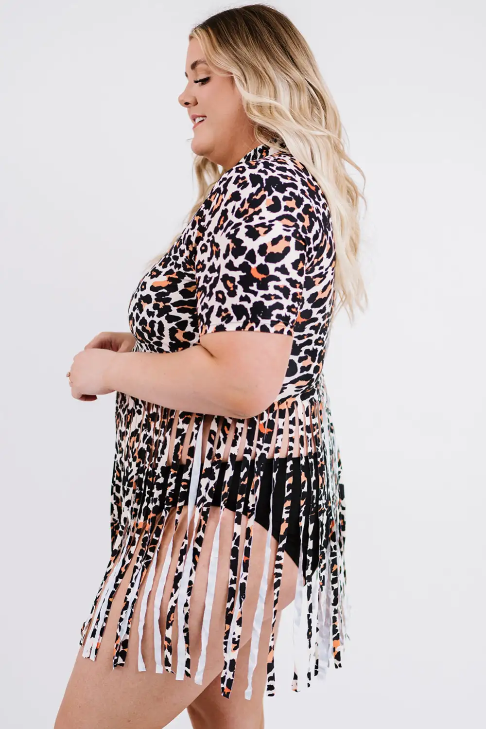 Swimwear Leopard Fringe Hem Round Neck Short Sleeve Sexy Tankini Set