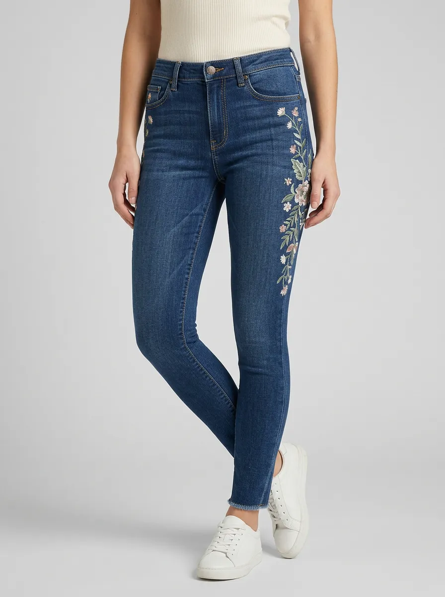 Women's Willow Floral Vintage Flower Embroidered Printed Slim Jeans