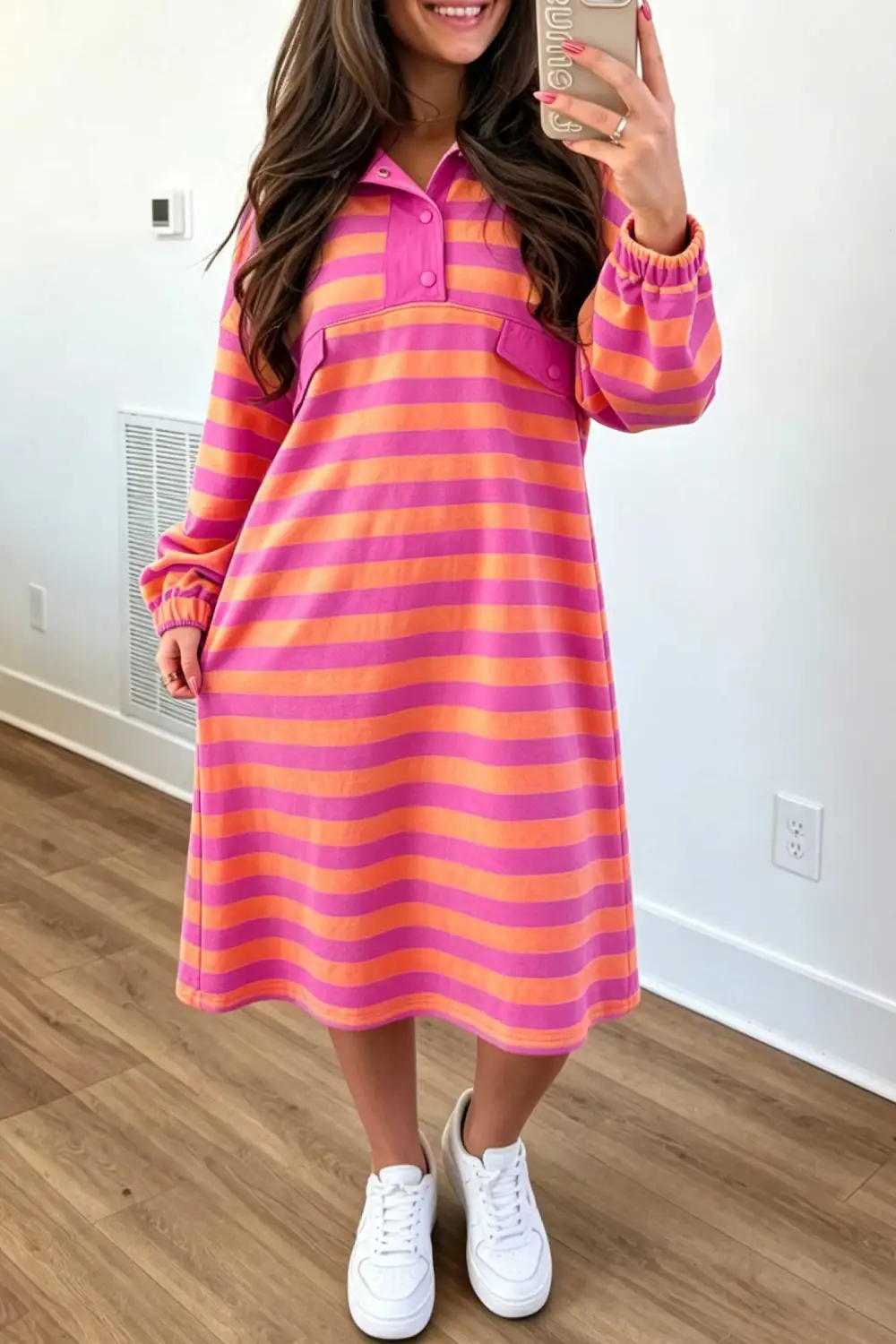 Women's Striped Long Sleeve Midi Dress