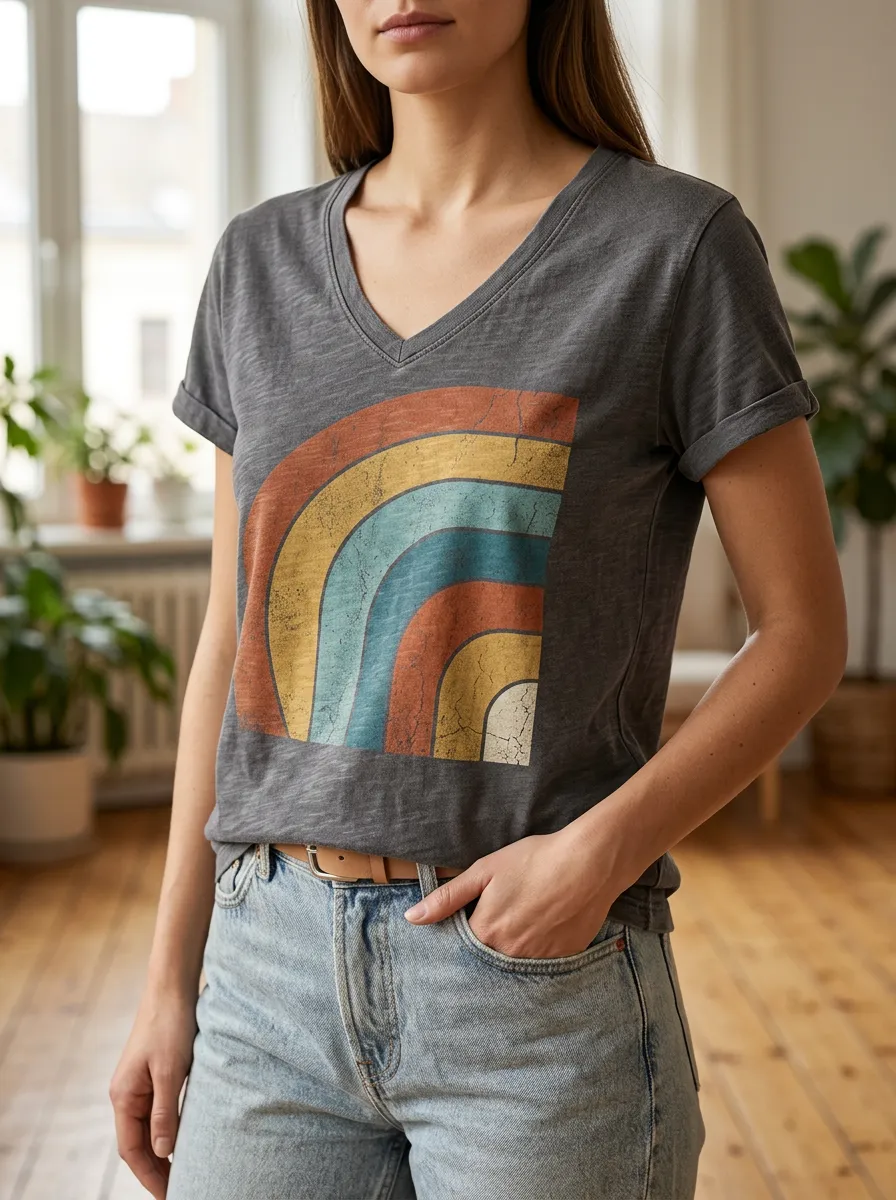 Women's Retro Rainbow Graphic Printed V-Neck T-Shirt