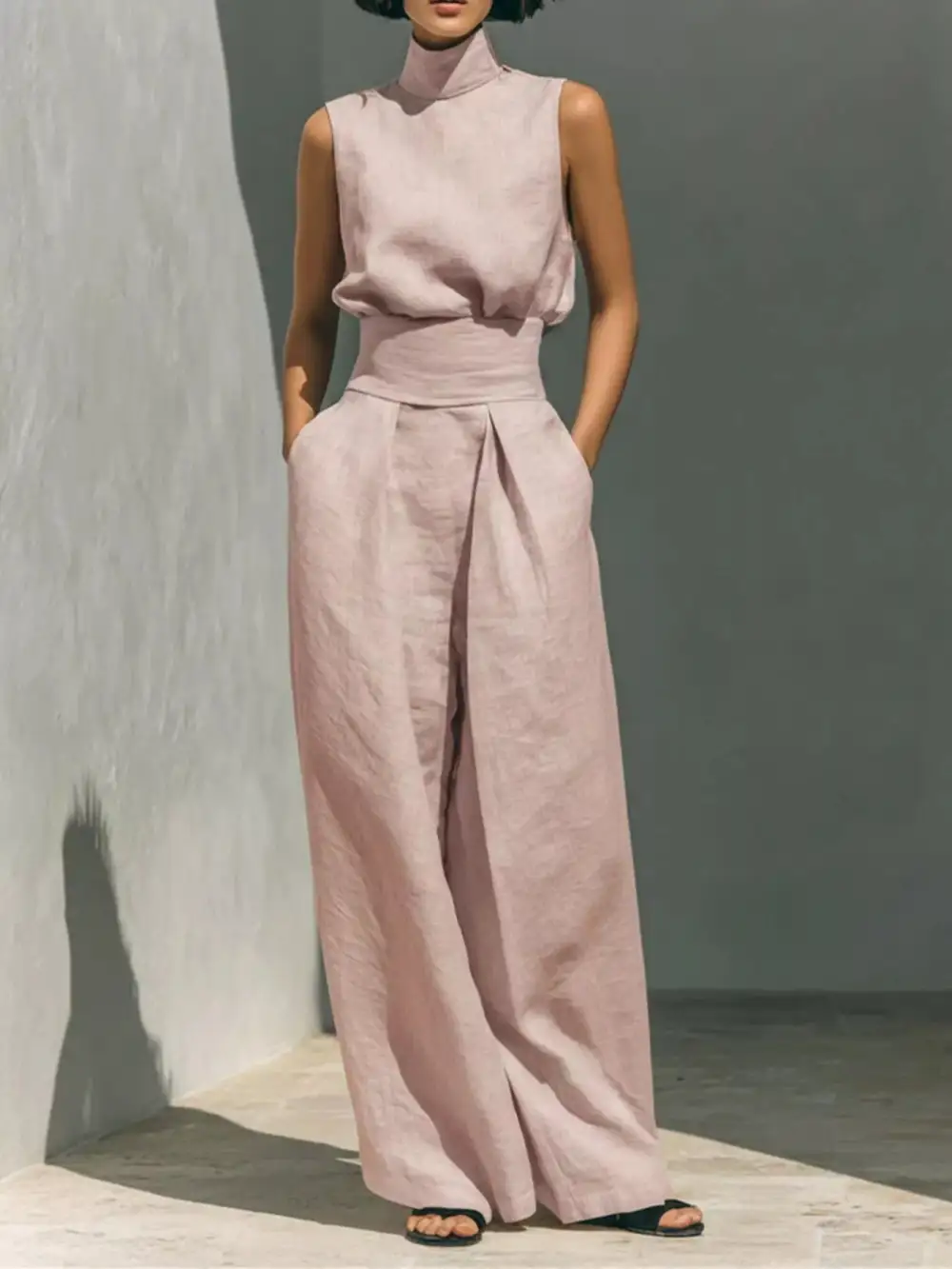 Turtleneck Sleeveless Top and Wide Leg Pants Set