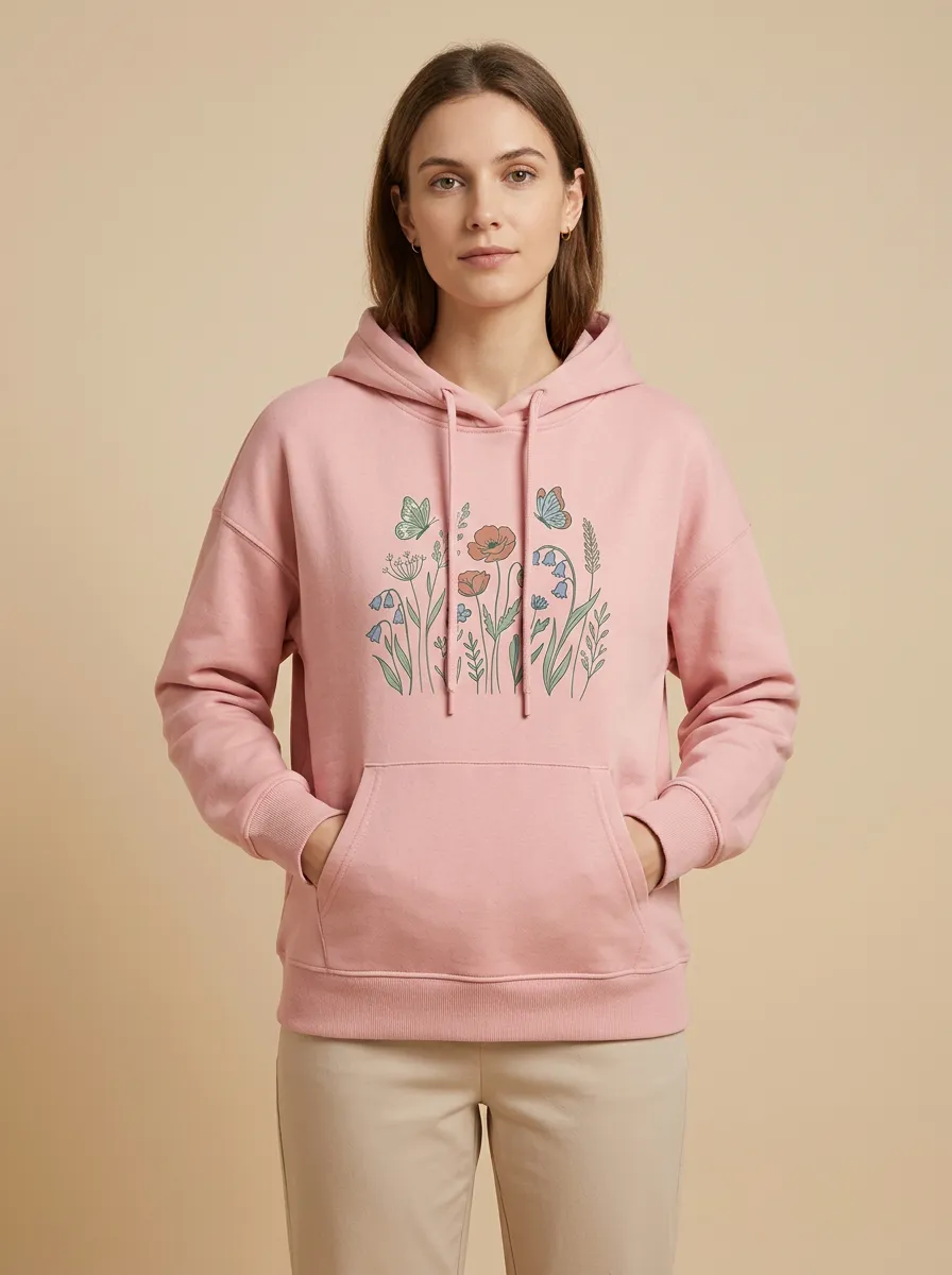 Women's Hooded Drawstring Graphic Floral Rib-Trim Relaxed-Fit Hoodie