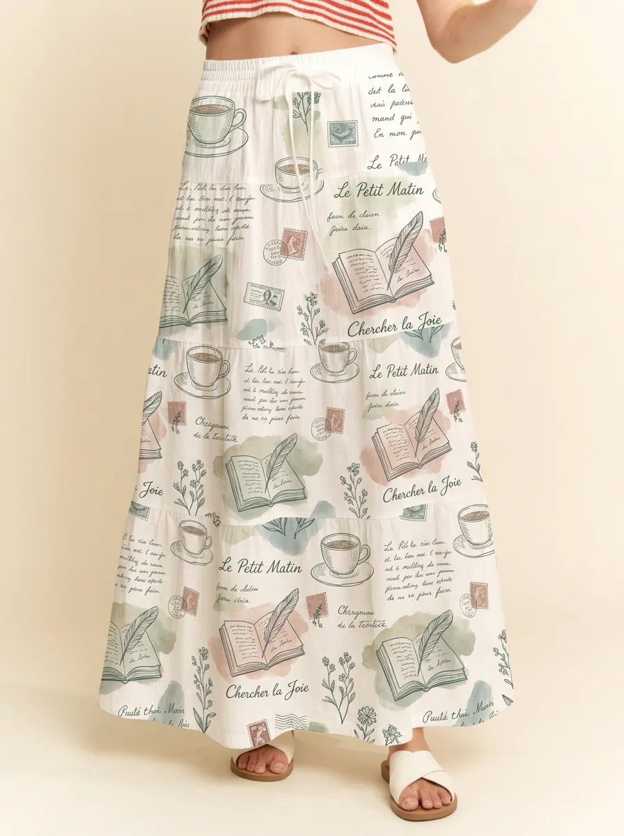 Women's Coffee Book Lover French Script Printed Maxi Skirt