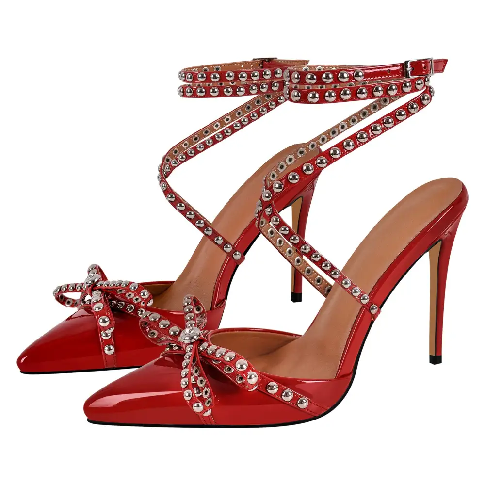 Sleek Rivet Pointed Toe Stiletto Ankle Strap Pumps