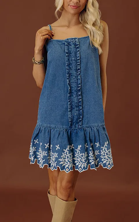 Embroidered Floral Square Neck Relaxed Mini Dress