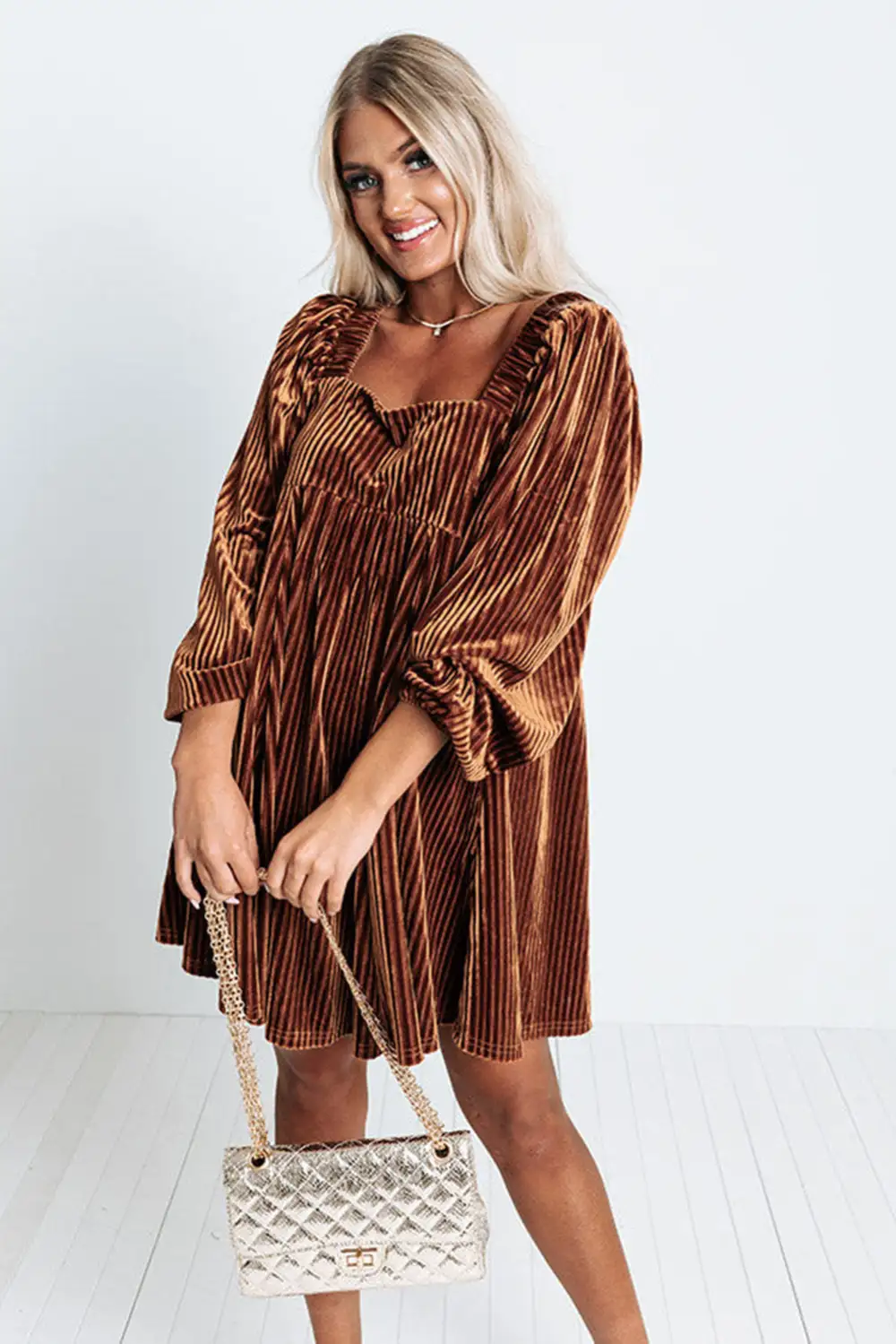 Tie Back Square Neck Velvet Babydoll Dress