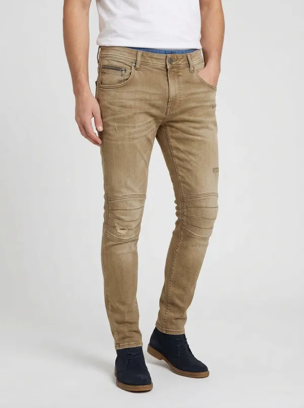 Men's Distressed Gray Biker Printed Slim-Fit Jeans